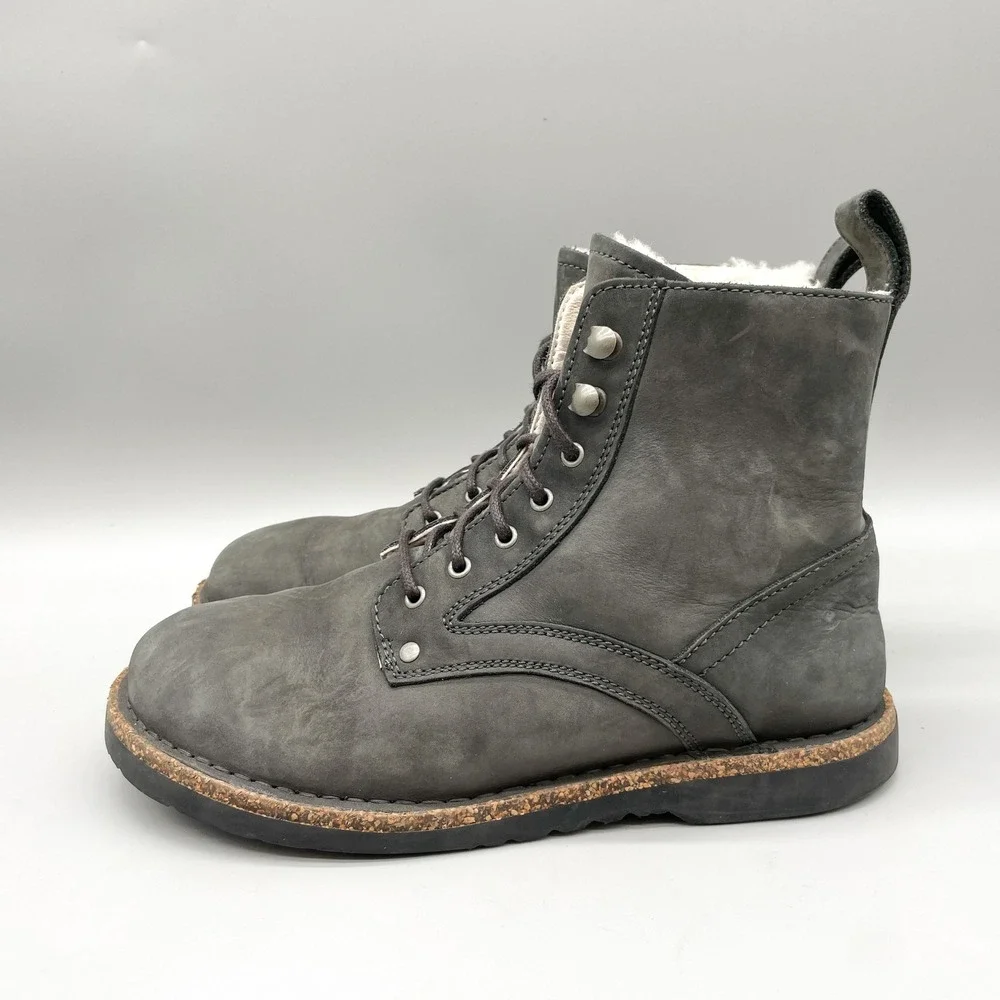 Birkenstock Womens 39 8 Bryson Lace Up Boots Grey Nubuck Shearling Winter Scandi
